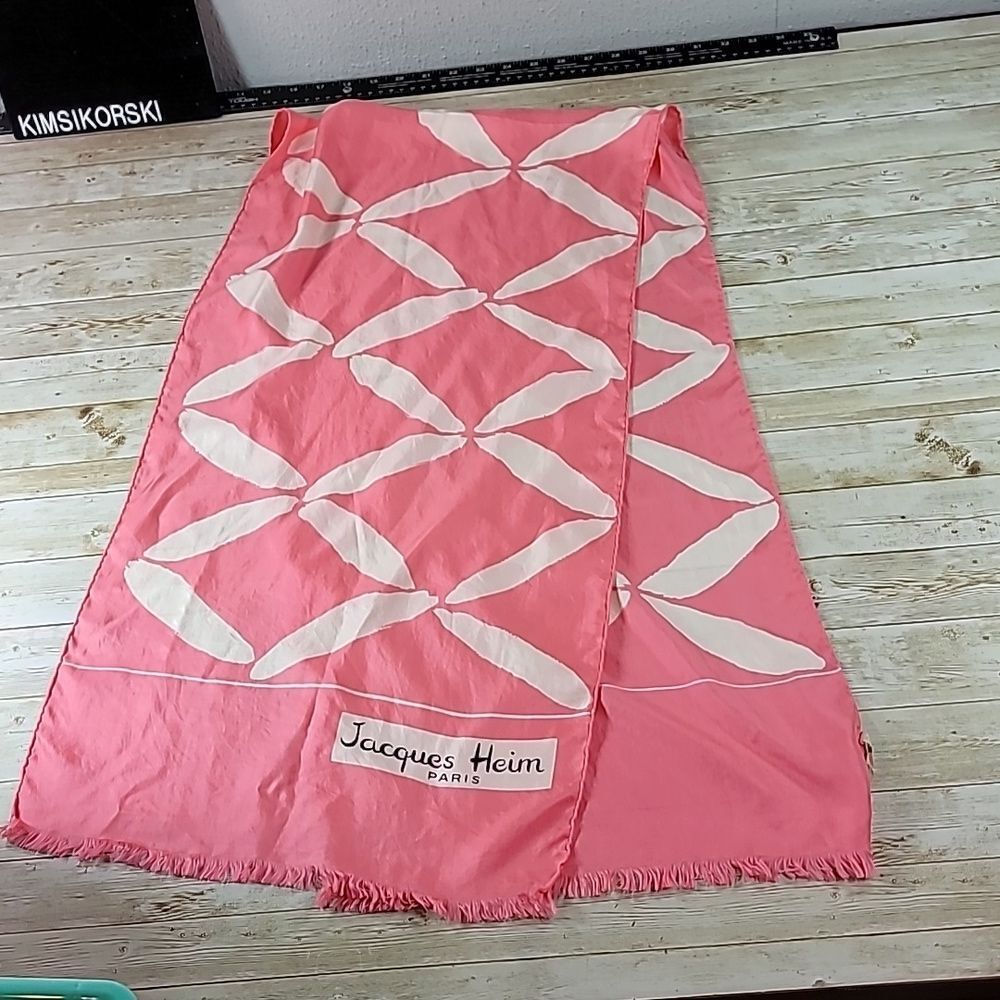 Vintage Jacques Heim Paris Silk Scarf Pink & White Logo Fringed Ends Stunning!